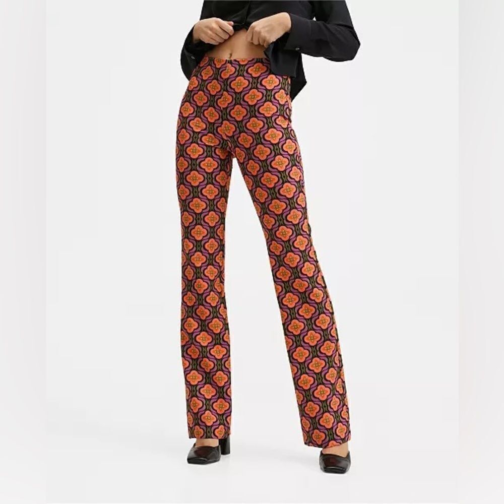 Mango Women's Printed Straight Pants Flare Leg Long Inseam SZ SM Retro Groovy